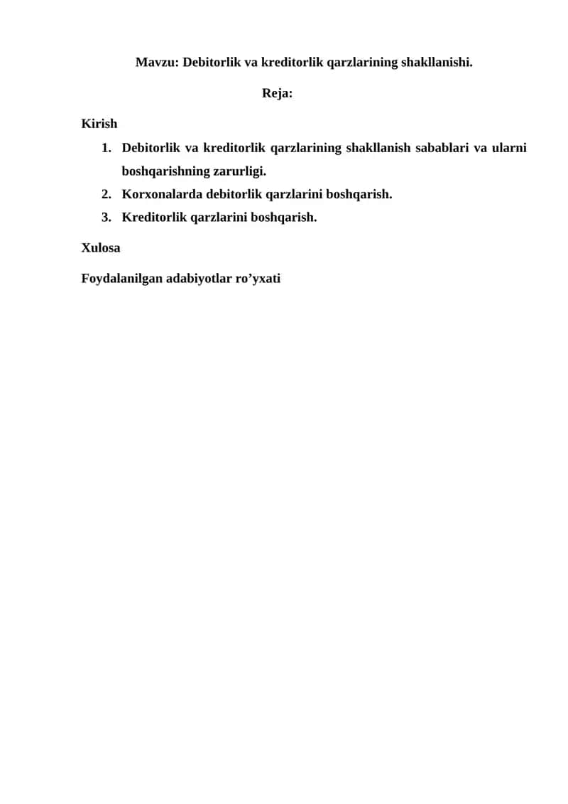 Debitorlik va kreditorlik qarzlarining shakllanishi