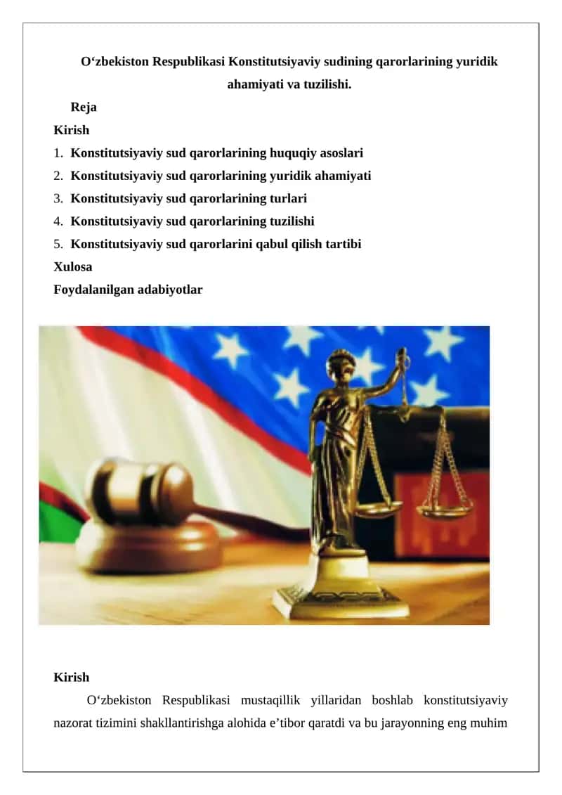 O‘zbekiston Respublikasi Konstitutsiyaviy sudining qarorlarining yuridik ahamiyati va tuzilishi