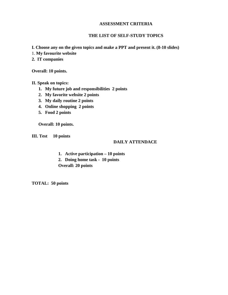 ASSESSMENT CRITERIA - THE LIST OF SELF-STUDY TOPICS