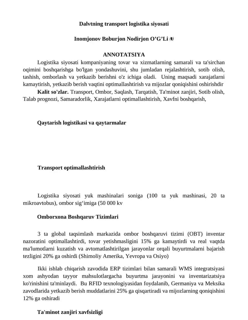 Dalvtning transport logistika siyosati