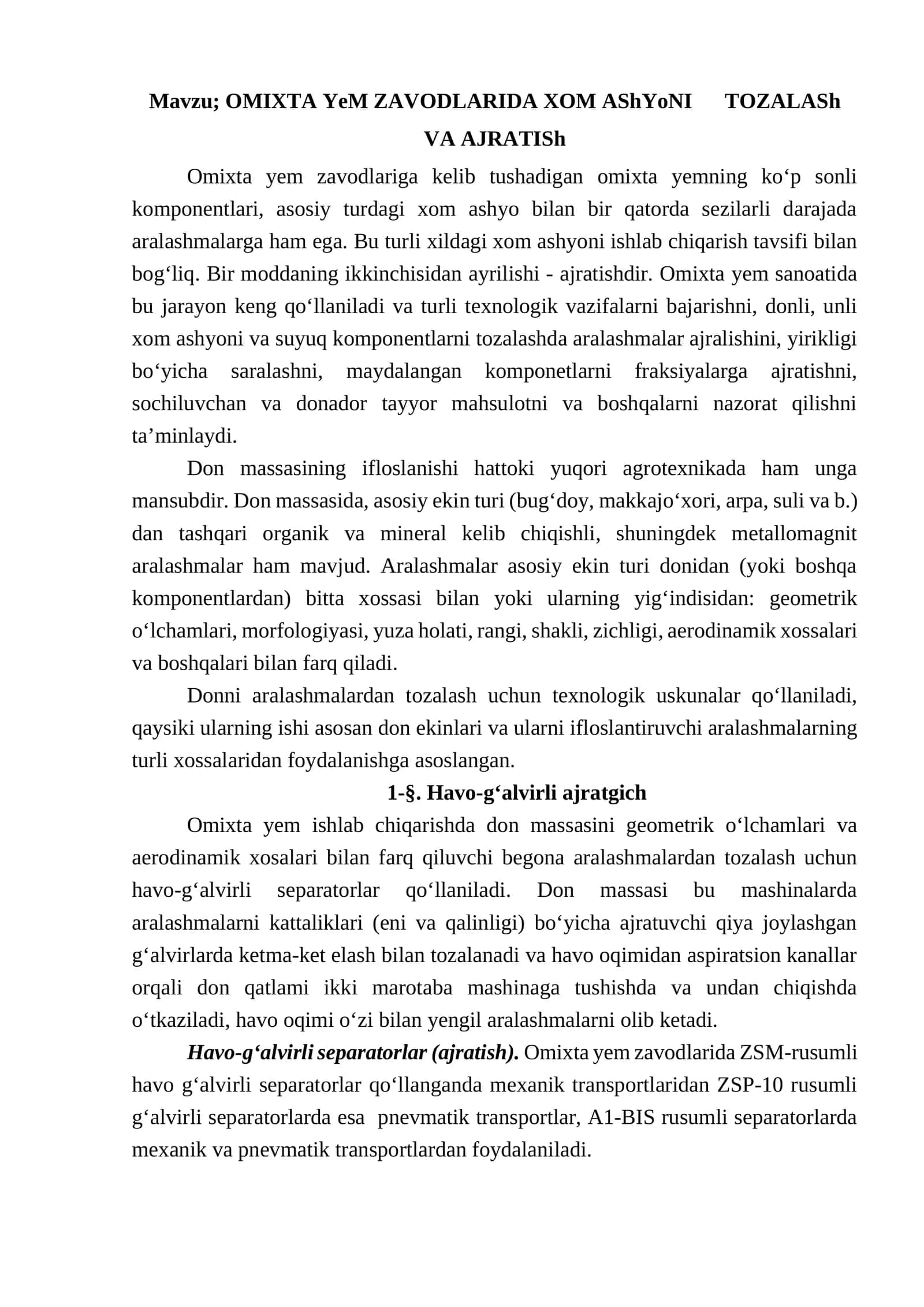 OMIXTA YeM ZAVODLARIDA XOM AShYoNI TOZALASh VA AJRATISh