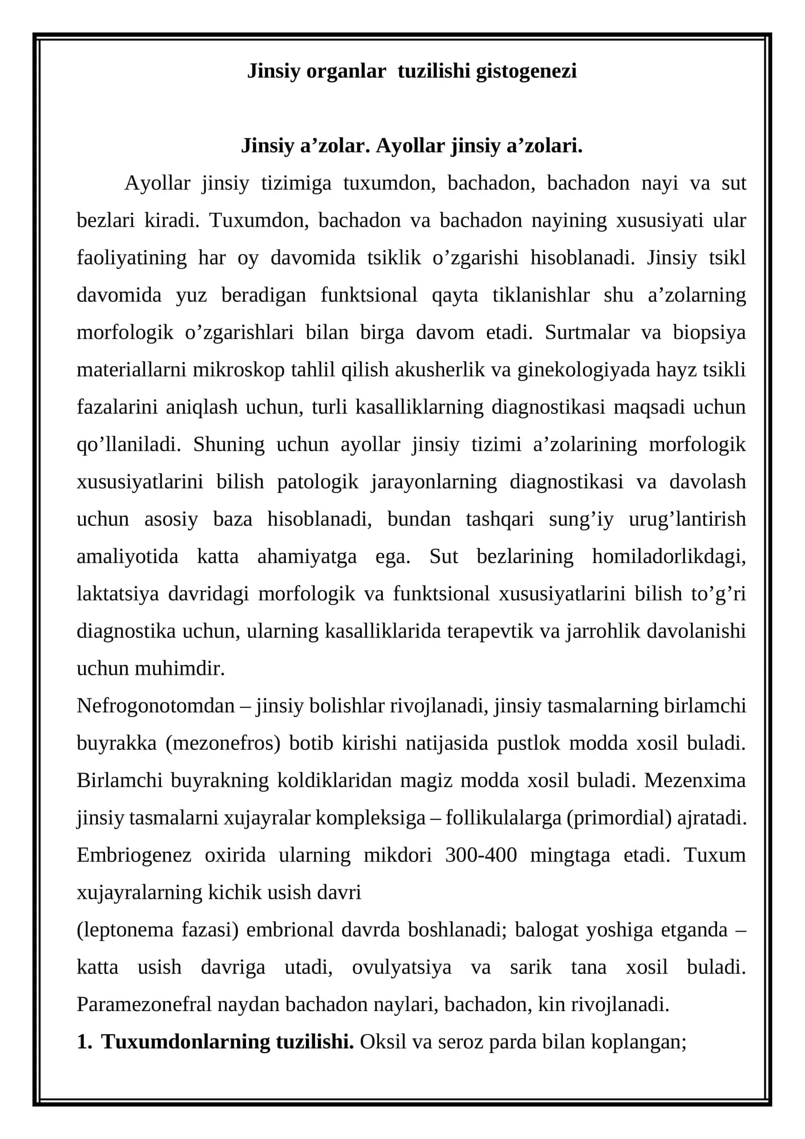 Jinsiy organlar tuzilishi gistogenezi