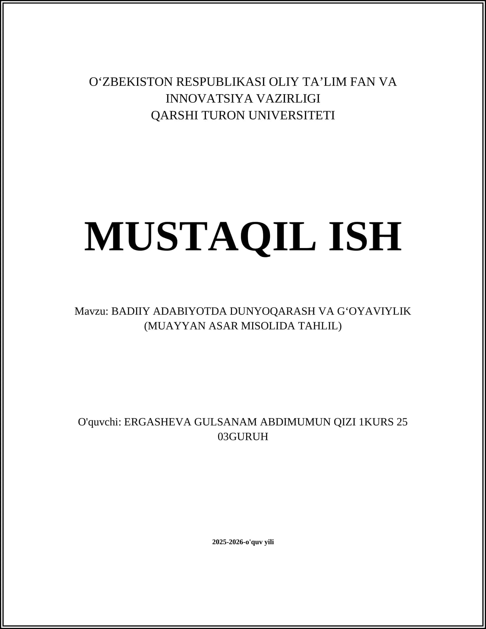 BADIIY ADABIYOTDA DUNYOQARASH VA G‘OYAVIYLIK (MUAYYAN ASAR MISOLIDA TAHLIL)