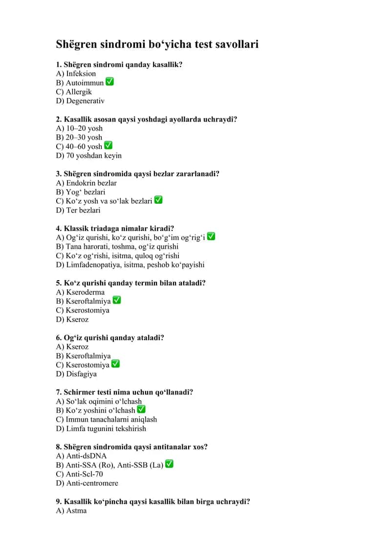 Shёgren sindromi bo‘yicha test savollari