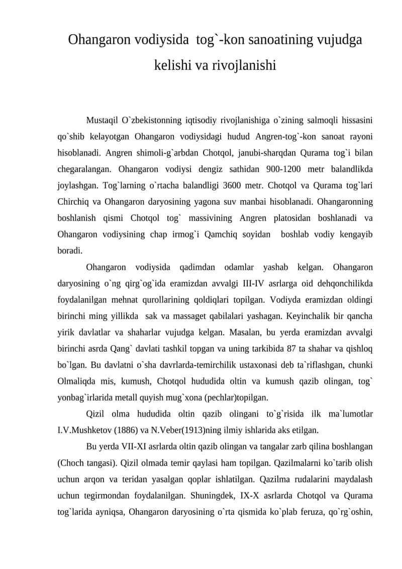 Ohangaron vodiysida tog`-kon sanoatining vujudga kelishi va rivojlanishi