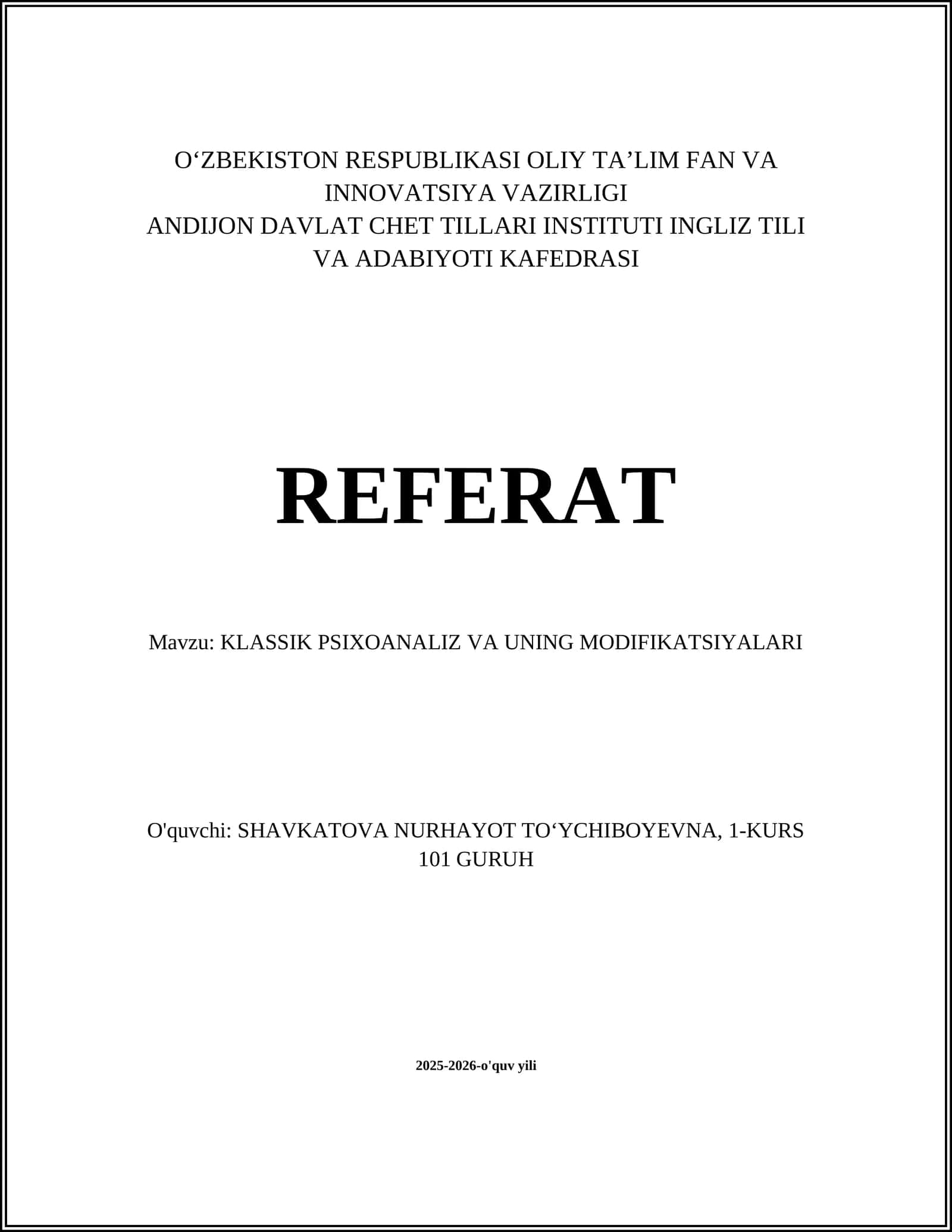 KLASSIK PSIXOANALIZ VA UNING MODIFIKATSIYALARI