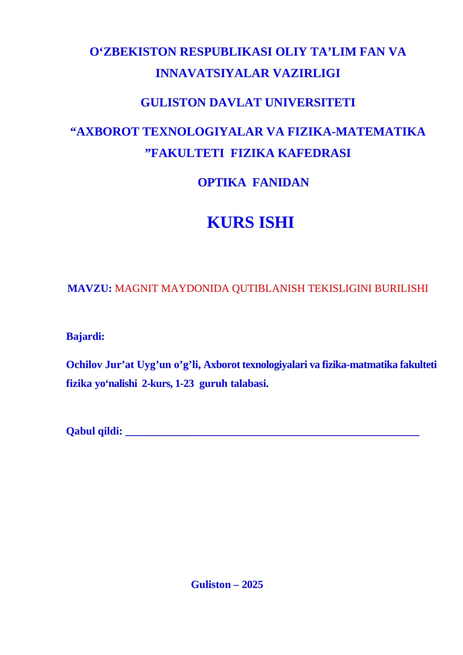 MAGNIT MAYDONIDA QUTIBLANISH TEKISLIGINI BURILISHI