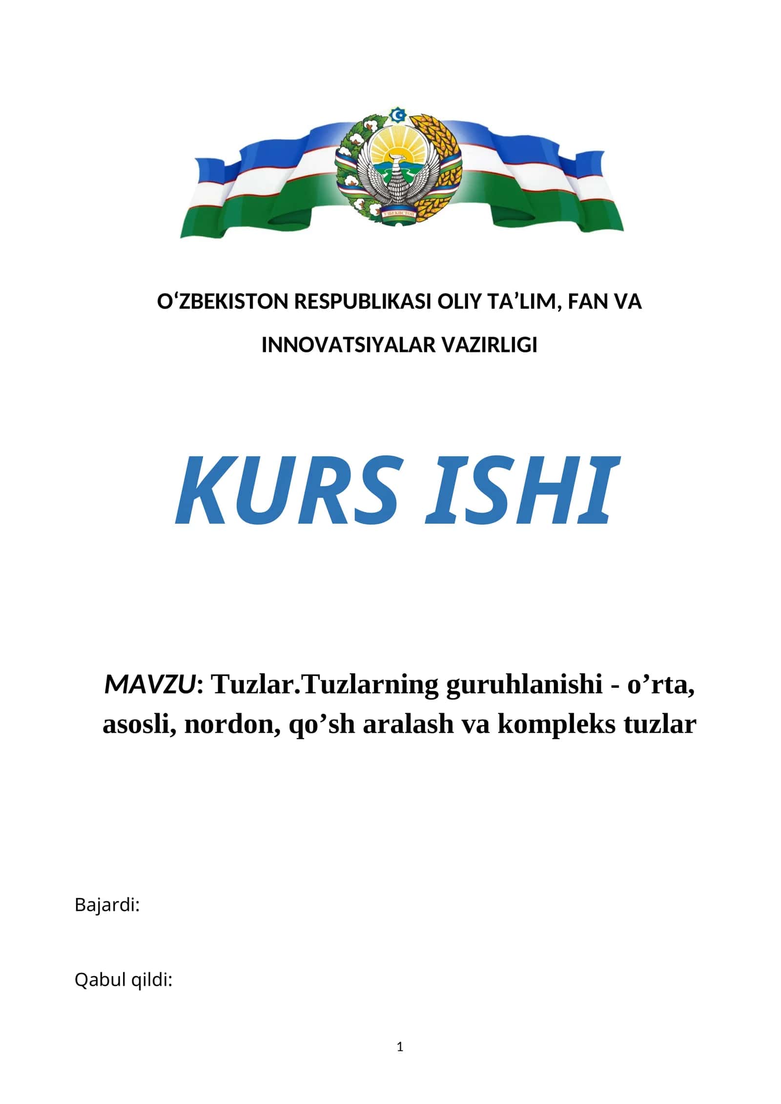 Tuzlar.Tuzlarning guruhlanishi - o’rta, asosli, nordon, qo’sh aralash va kompleks tuzlar