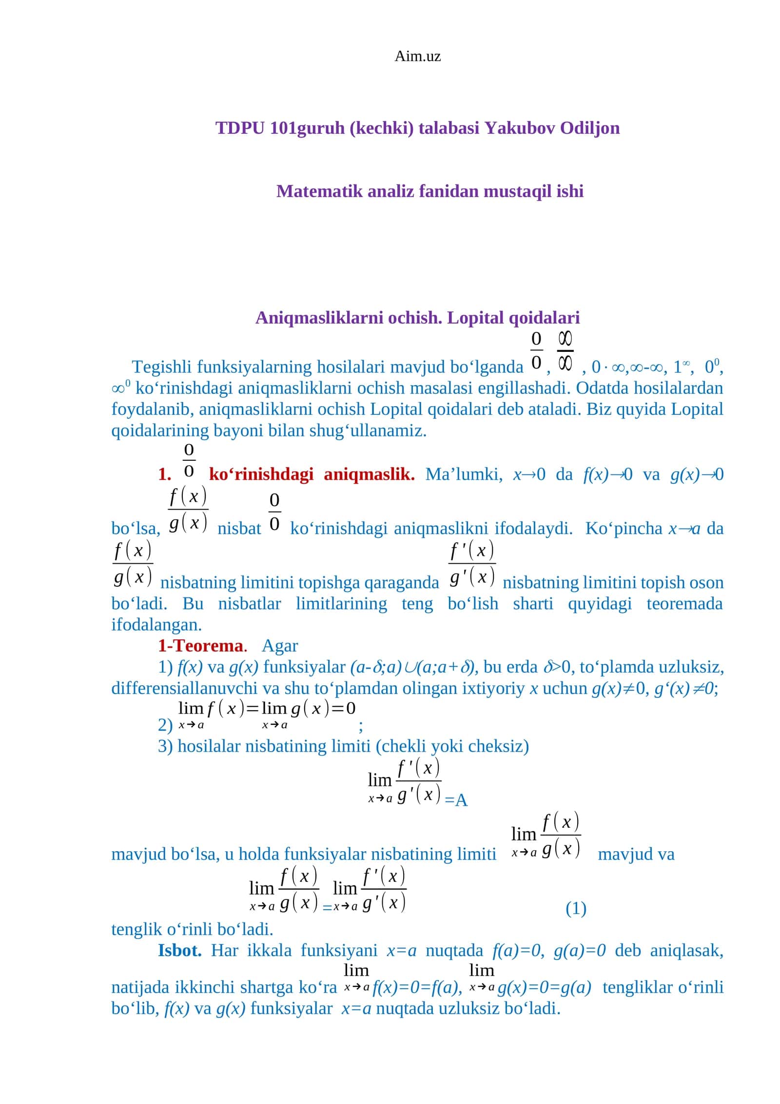 Matematik analiz fanidan mustaqil ish