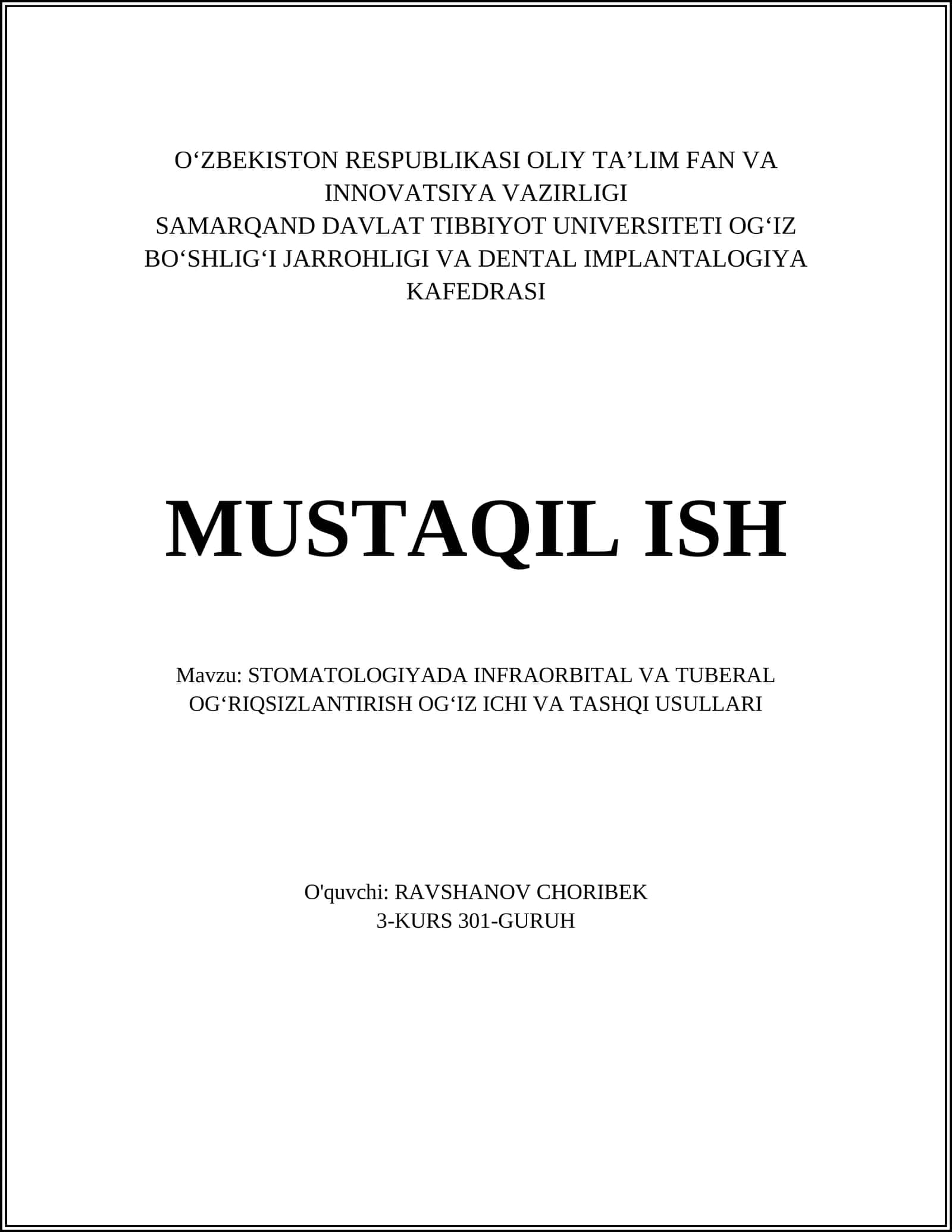 STOMATOLOGIYADA INFRAORBITAL VA TUBERAL OGʻRIQSIZLANTIRISH OGʻIZ ICHI VA TASHQI USULLARI