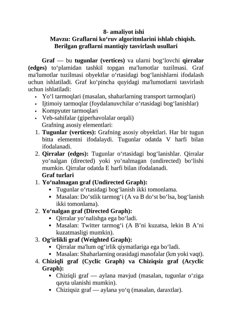 Graflarni ko‘ruv algoritmlarini ishlab chiqish. Berilgan graflarni mantiqiy tasvirlash usullari