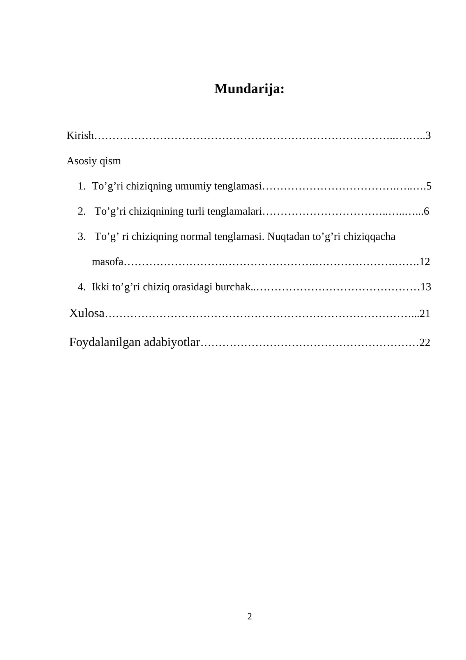 To’g’ri chiziq va uning turli tenglamalari