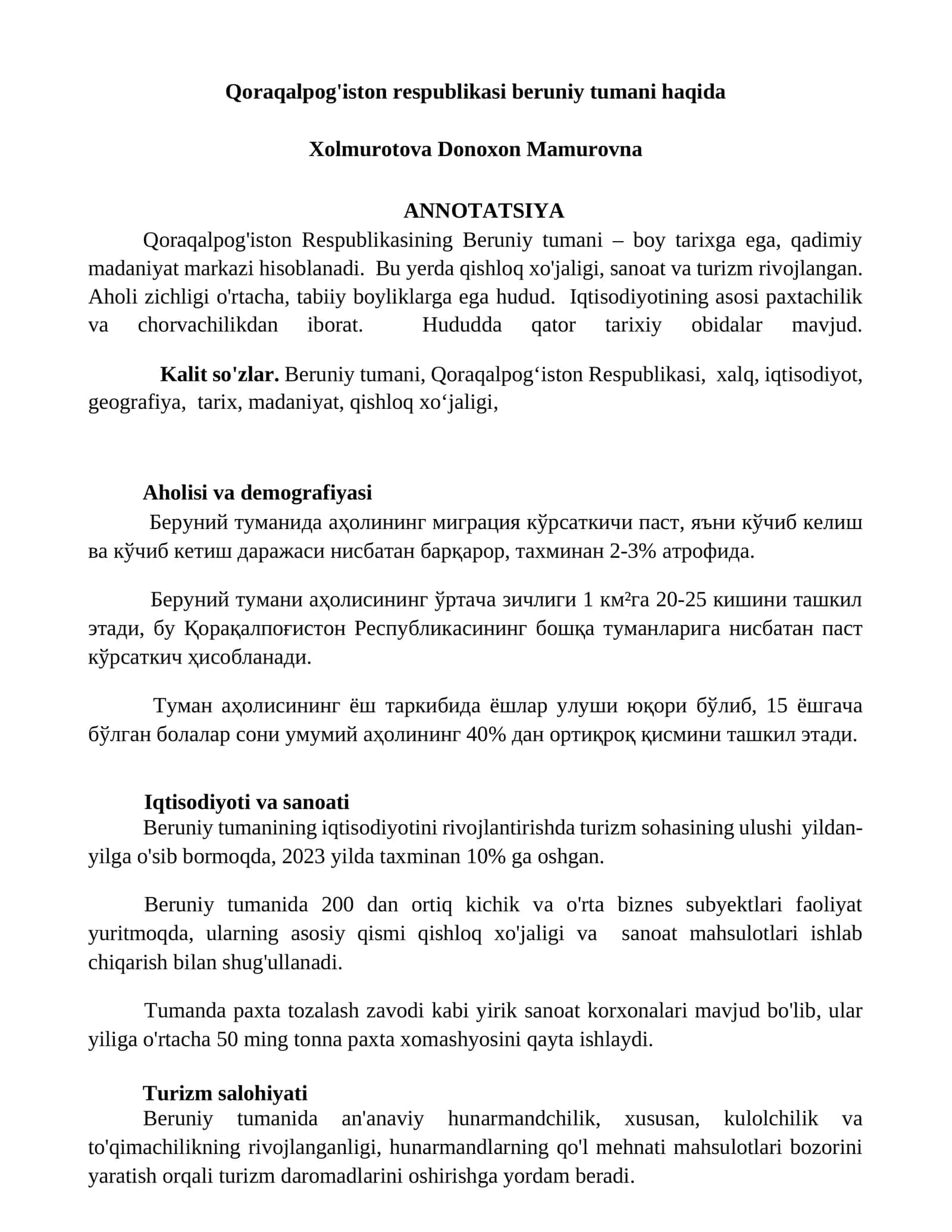 Qoraqalpog'iston respublikasi beruniy tumani haqida