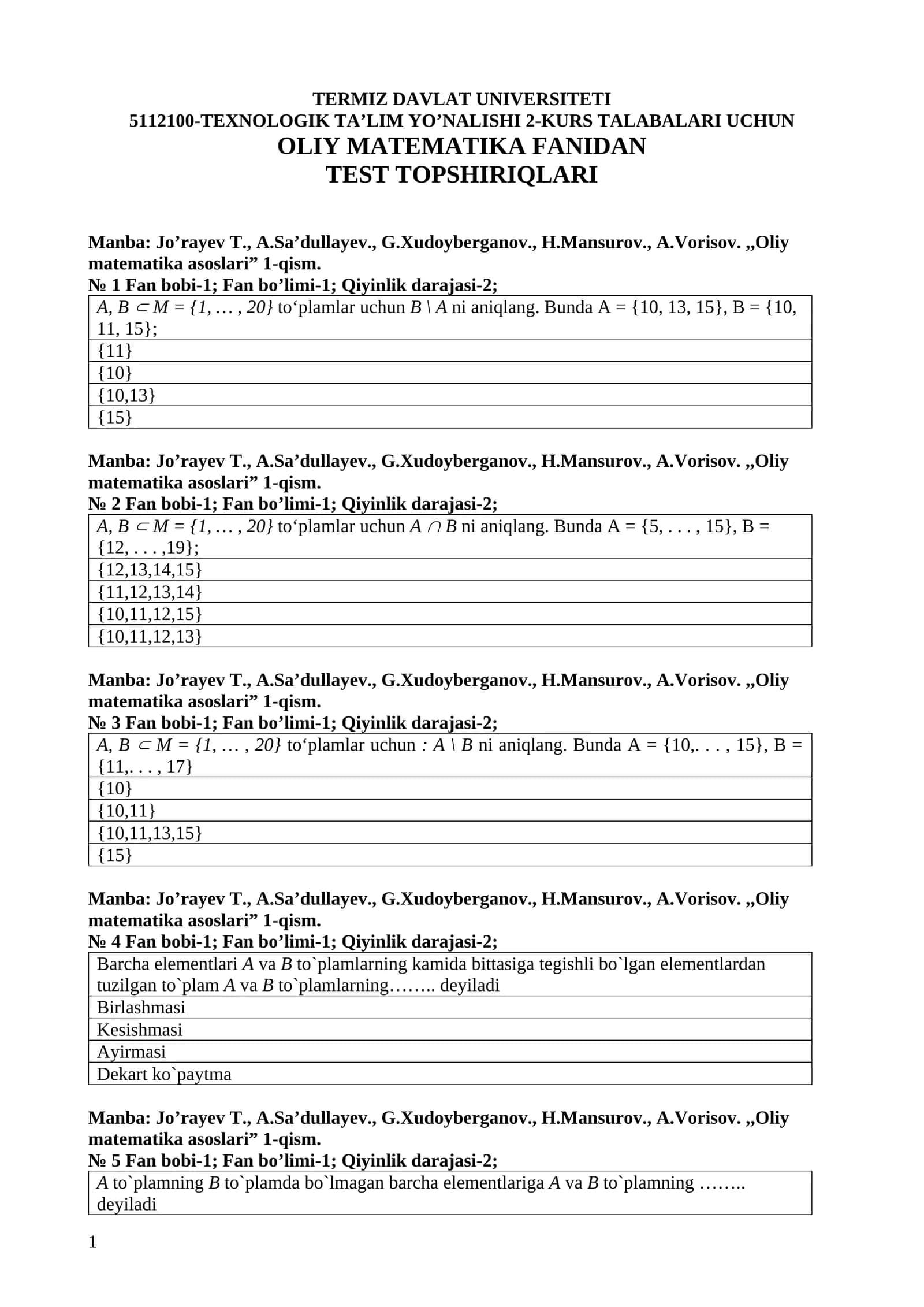 Oliy matematika asoslari 1-qism