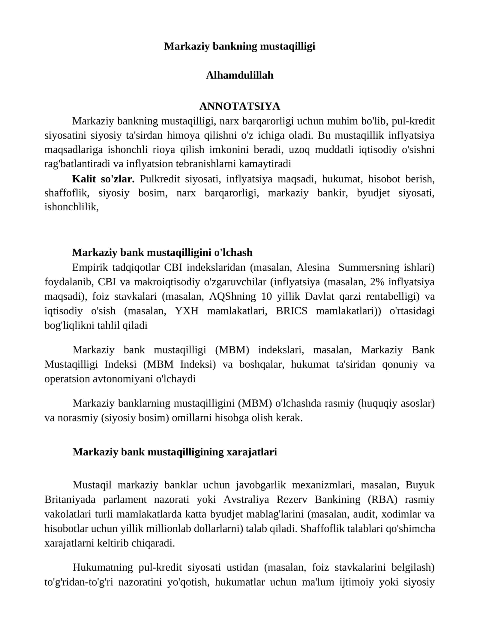 Markaziy bankning mustaqilligi