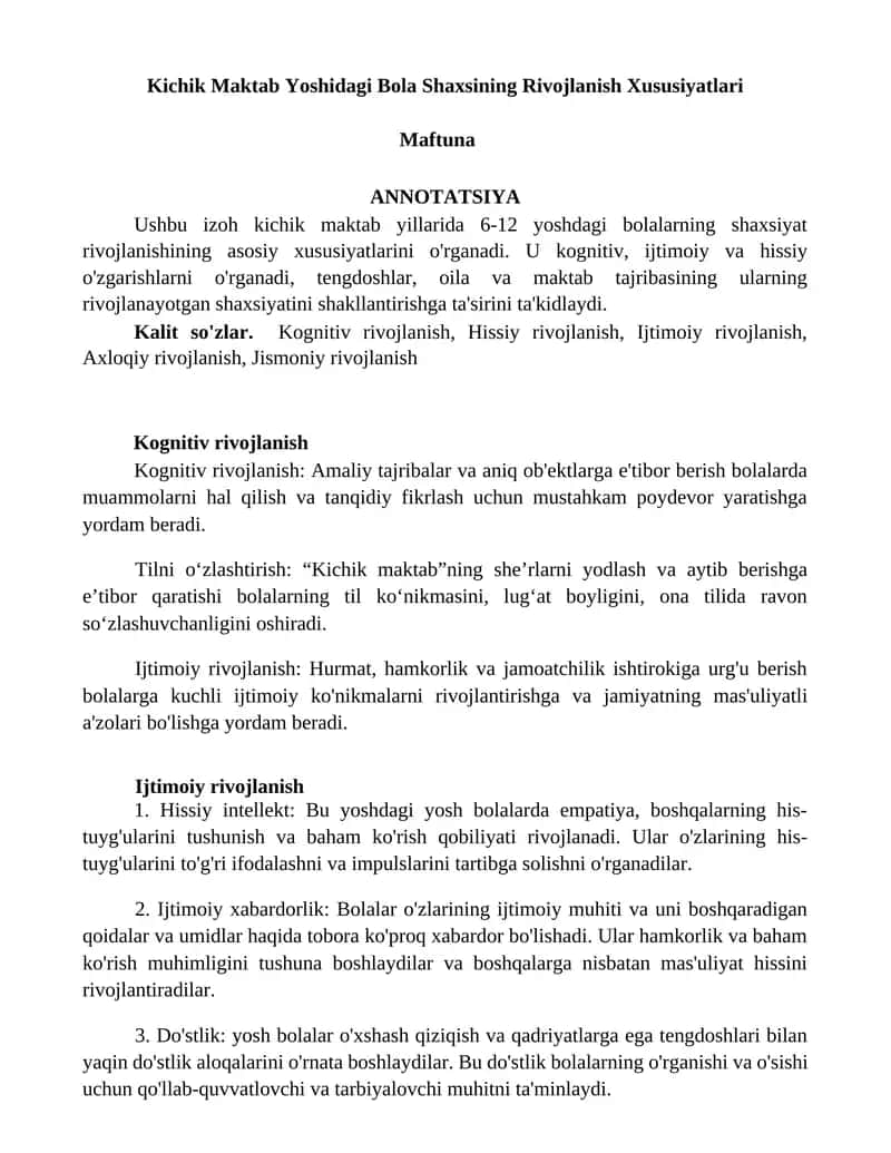 Kichik Maktab Yoshidagi Bola Shaxsining Rivojlanish Xususiyatlari