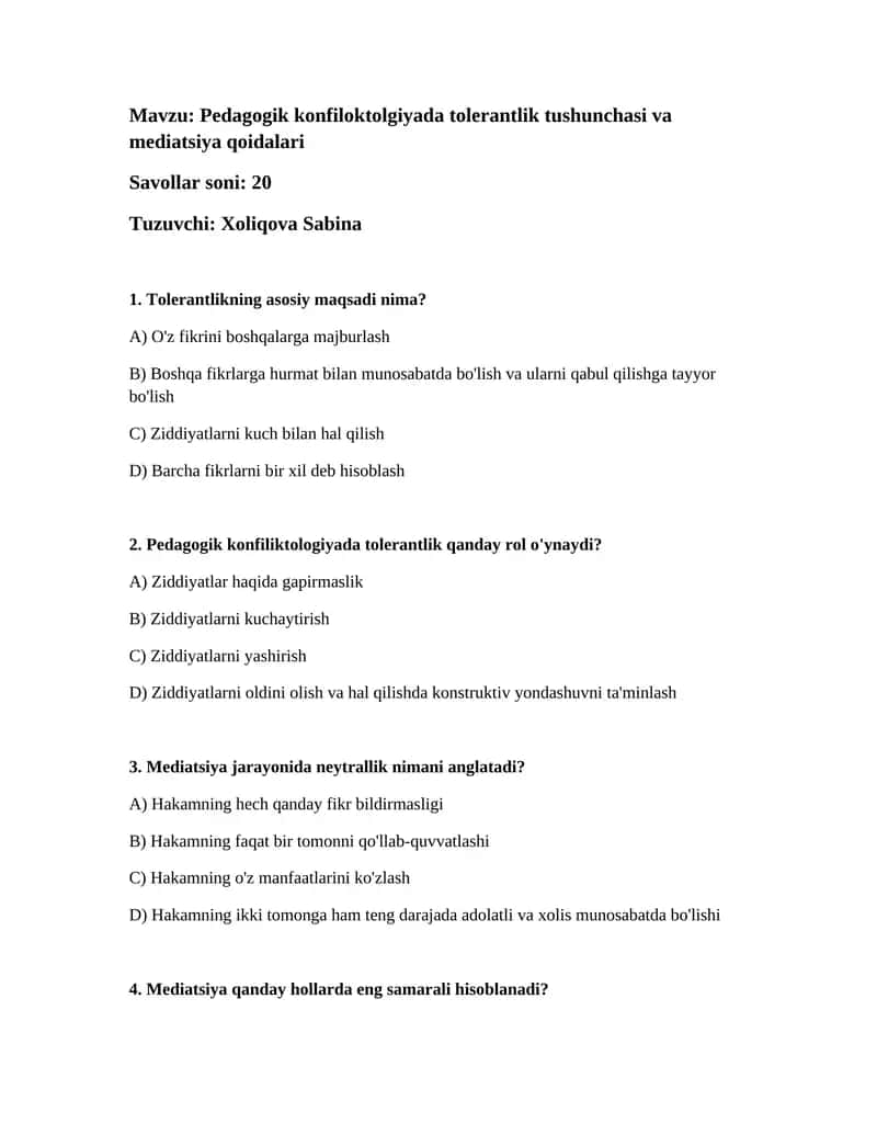 Pedagogik konfiloktolgiyada tolerantlik tushunchasi va mediatsiya qoidalari