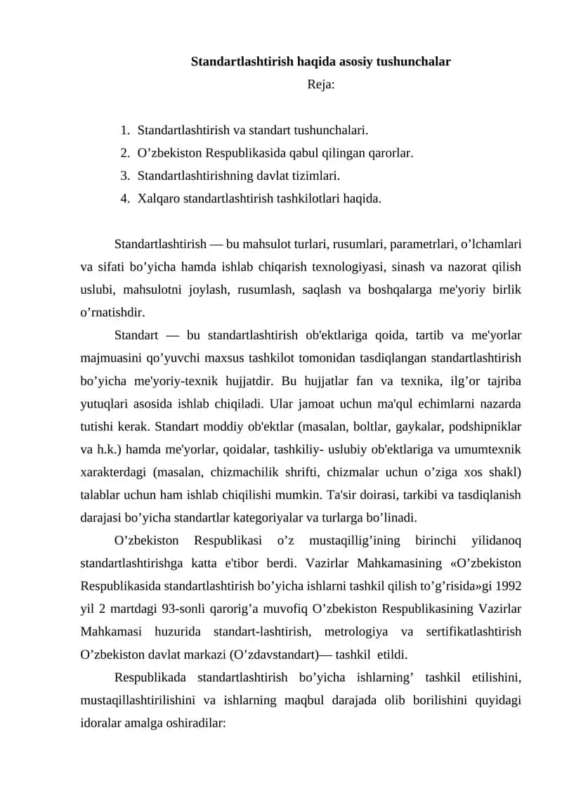 Standartlashtirish haqida asosiy tushunchalar