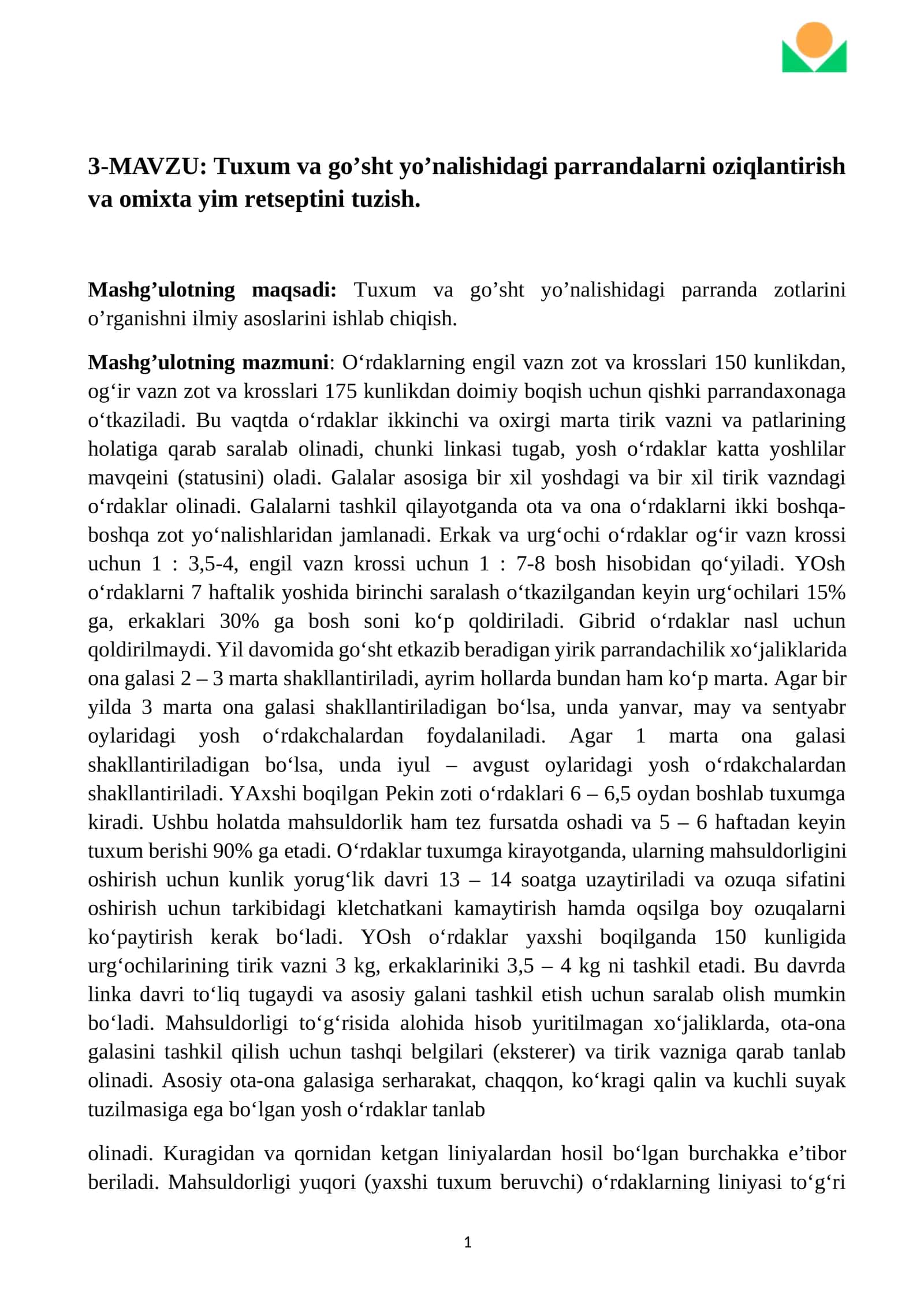 Tuxum va go’sht yo’nalishidagi parrandalarni oziqlantirish va omixta yim retseptini tuzish