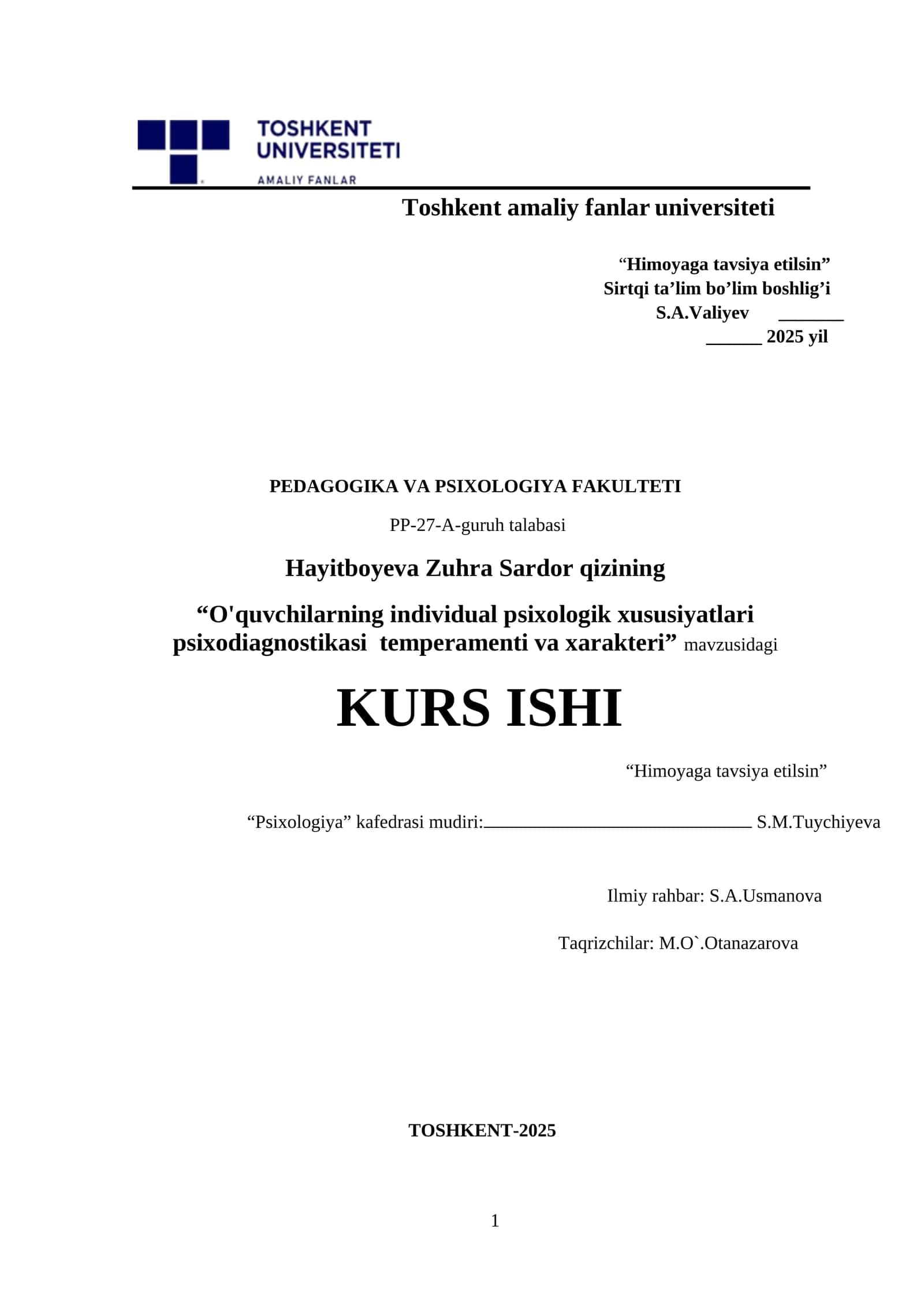 O'quvchilarning individual psixologik xususiyatlari psixodiagnostikasi temperamenti va xarakteri