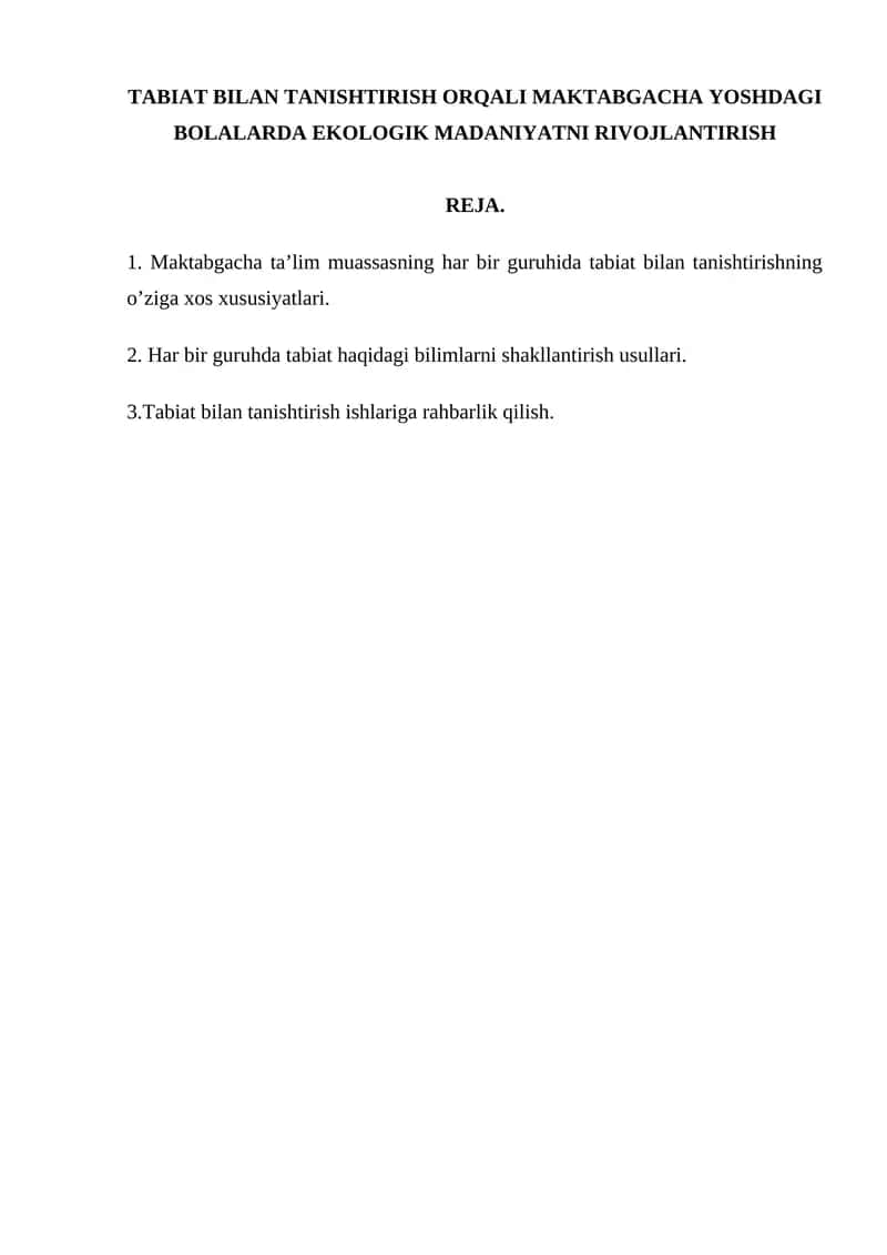TABIAT BILAN TANISHTIRISH ORQALI MAKTABGACHA YOSHDAGI BOLALARDA EKOLOGIK MADANIYATNI RIVOJLANTIRISH