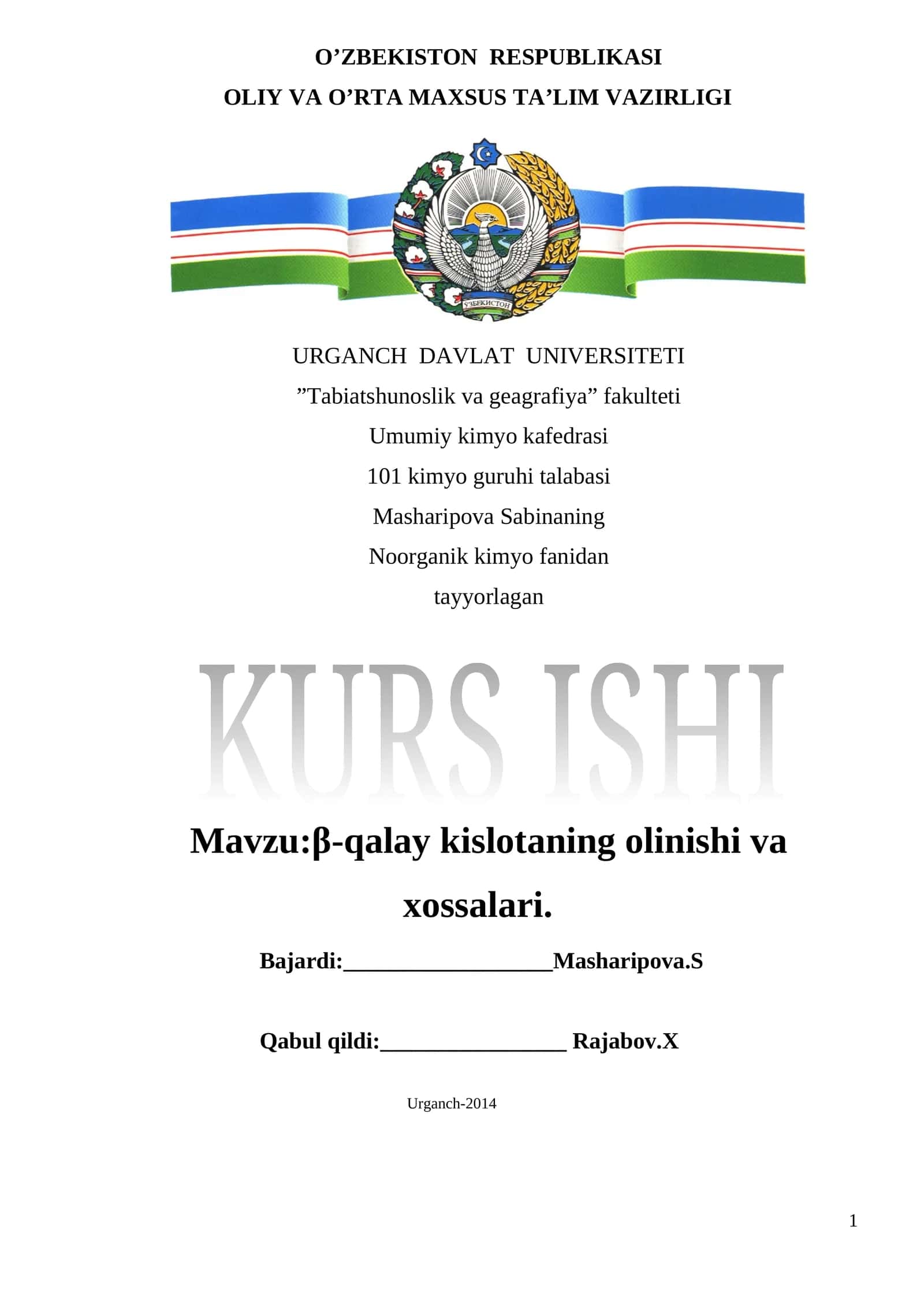 β-qalay kislotaning olinishi va xossalari