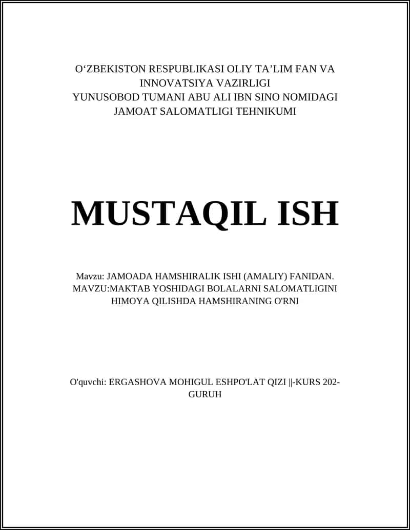 JAMOADA HAMSHIRALIK ISHI (AMALIY) FANIDAN