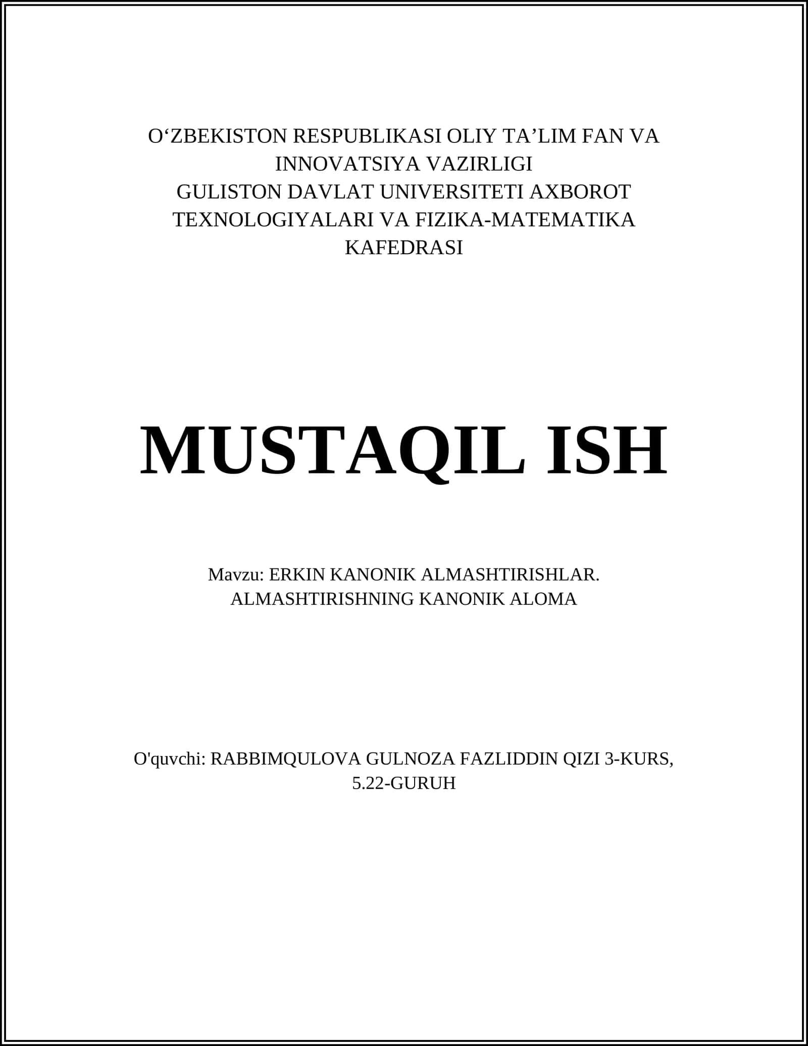 ERKIN KANONIK ALMASHTIRISHLAR. ALMASHTIRISHNING KANONIK ALOMA