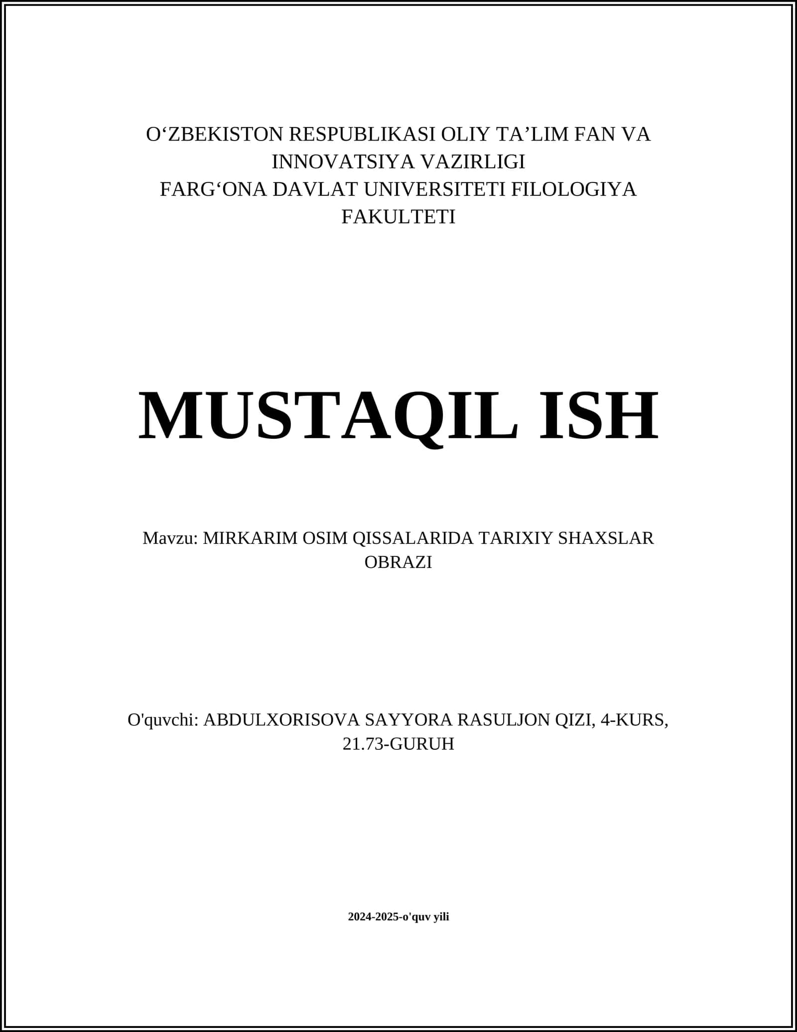 MIRKARIM OSIM QISSALARIDA TARIXIY SHAXSLAR OBRAZI