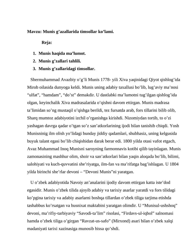 Munis g’azallarida timsollar ko’lami