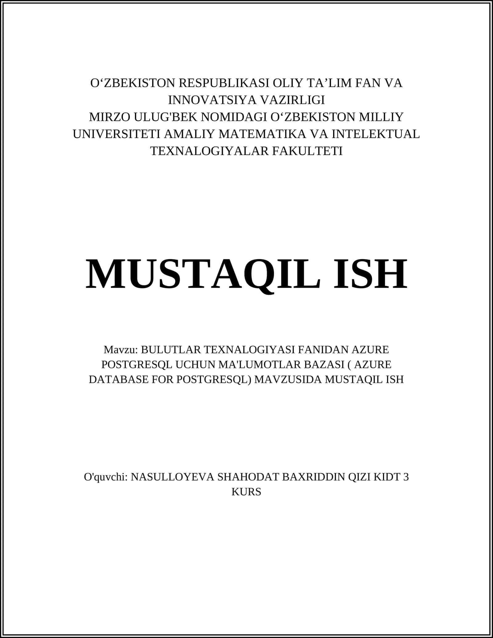 AZURE POSTGRESQL MA'LUMOTLAR BAZASI