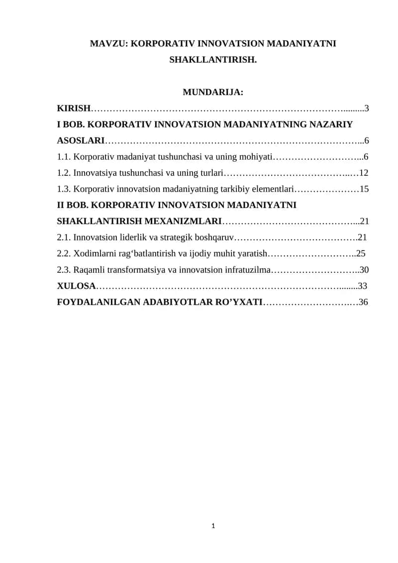 KORPORATIV INNOVATSION MADANIYATNI SHAKLLANTIRISH