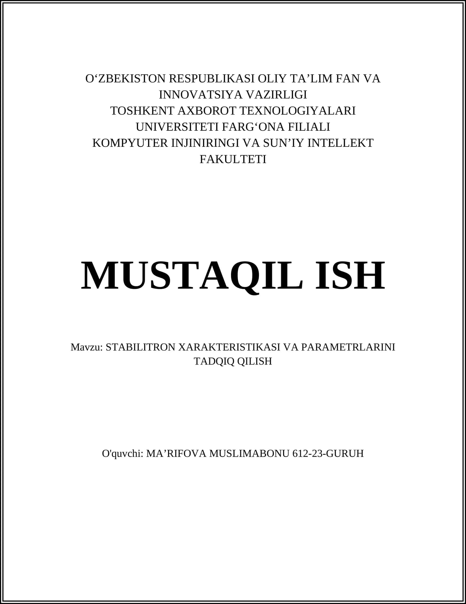 STABILITRON XARAKTERISTIKASI VA PARAMETRLARINI TADQIQ QILISH