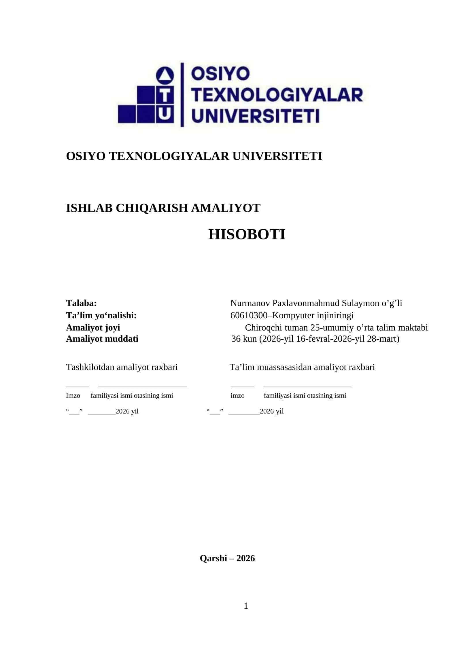 ISHLAB CHIQARISH AMALIYOT HISOBOTI