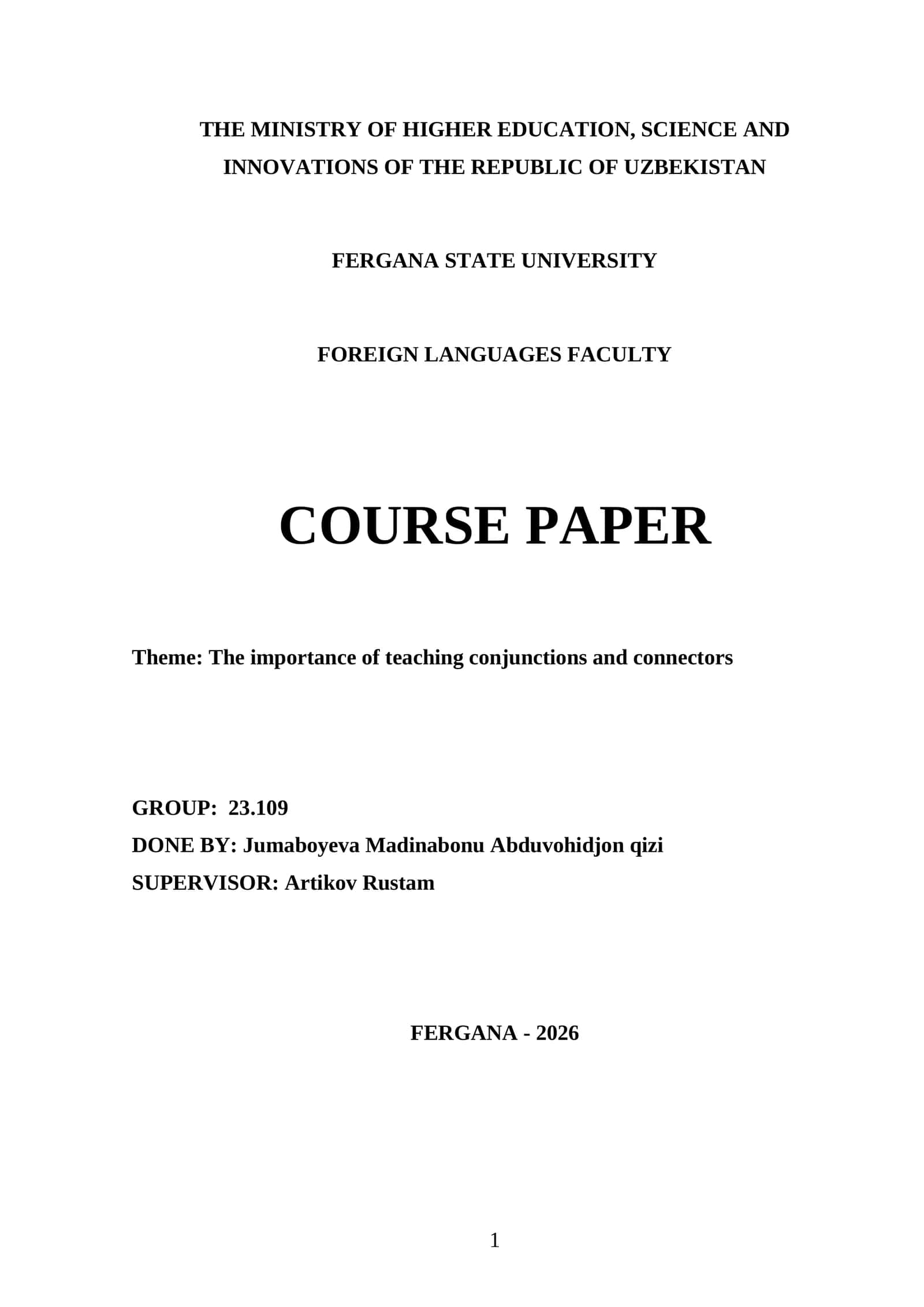 Course Paper on The Importance of Teaching Conjunctions and Connectors
