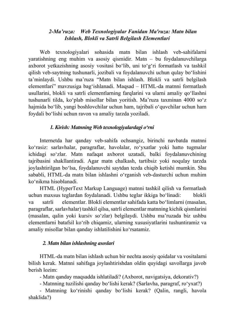 Web Texnologiyalar Fanidan Ma'ruza: Matn bilan Ishlash, Blokli va Satrli Belgilash Elementlari