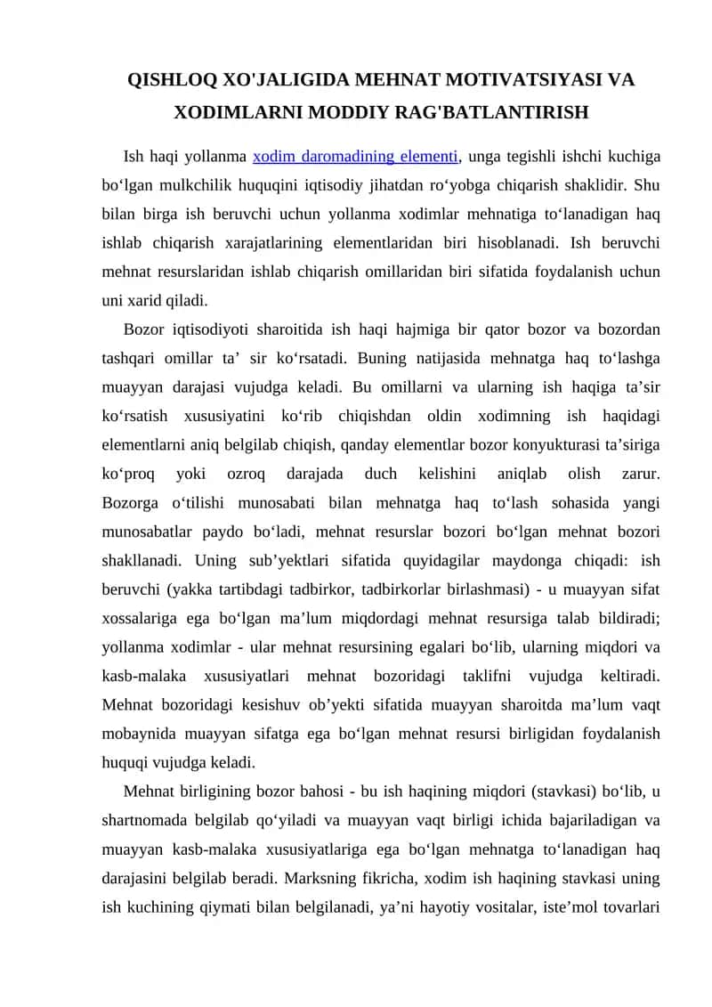 Qishloq xo'jaligida mehnat motivatsiyasi va xodimlarni moddiy rag'batlantirish