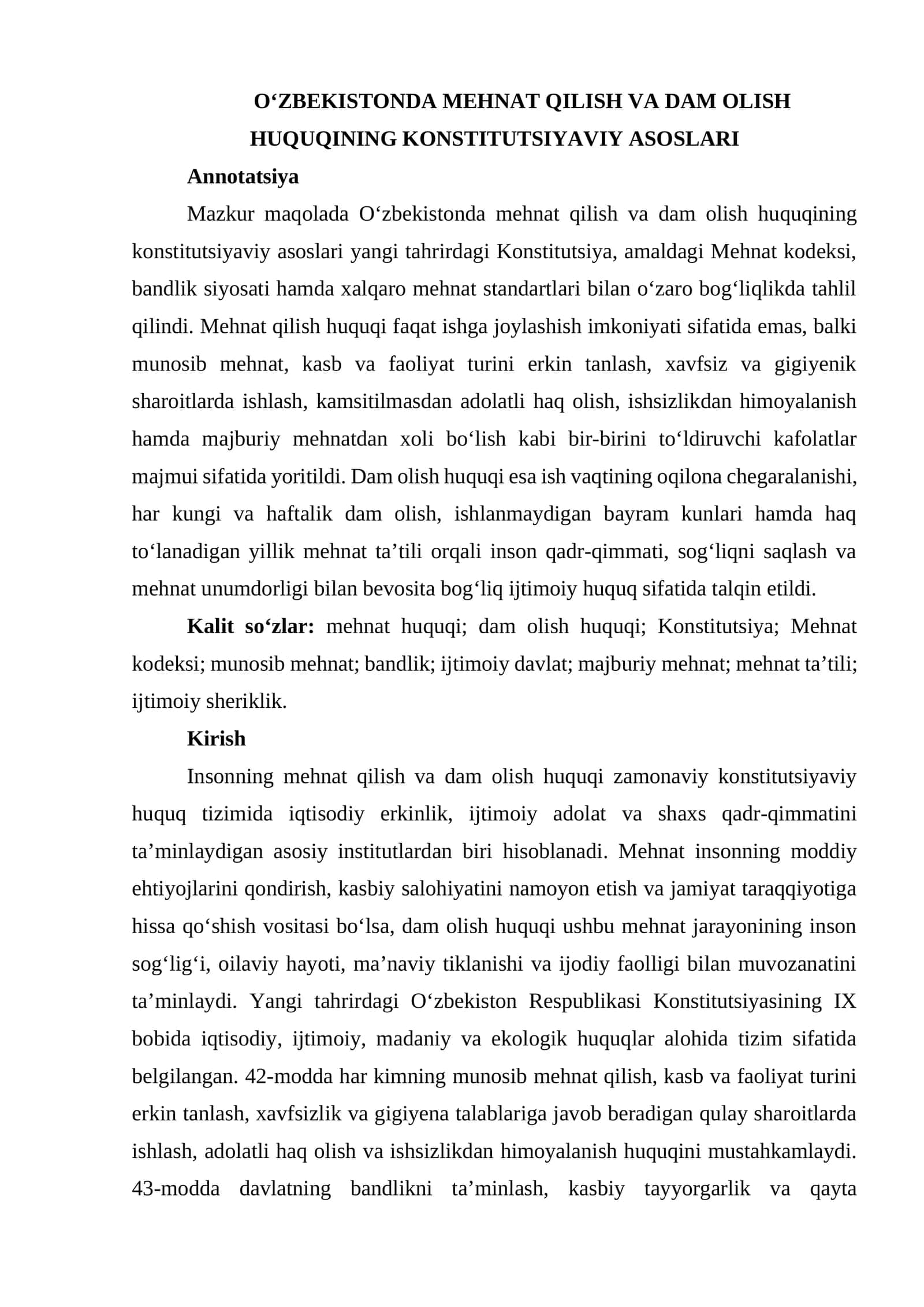 OʻZBEKISTONDA MEHNAT QILISH VA DAM OLISH HUQUQINING KONSTITUTSIYAVIY ASOSLARI