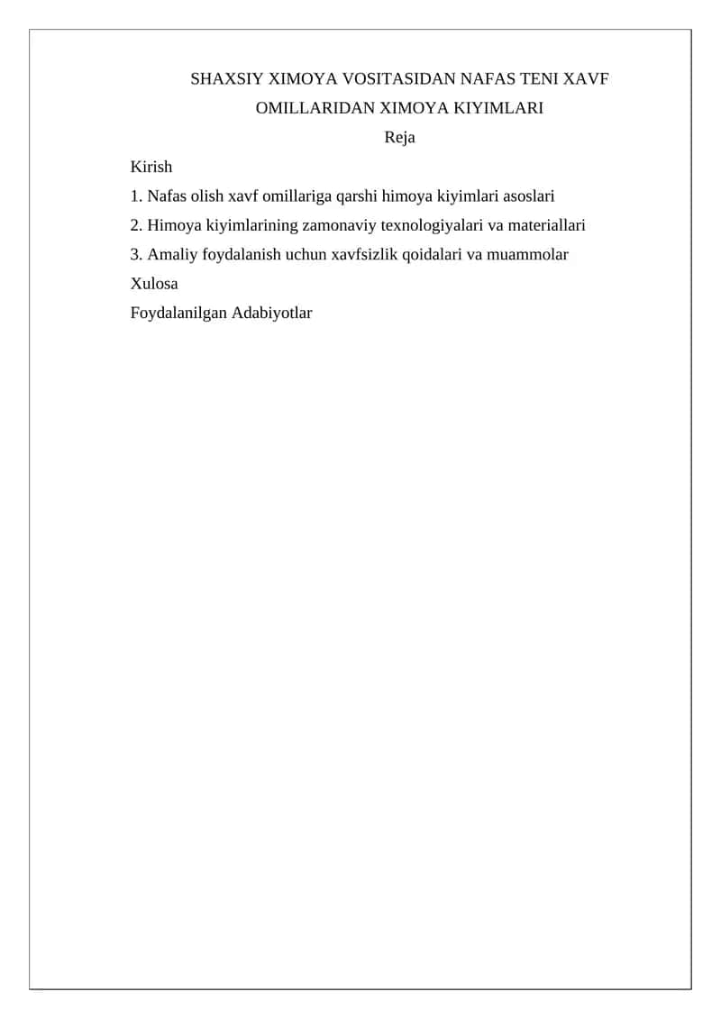 Nafas olish xavf omillariga qarshi himoya kiyimlari