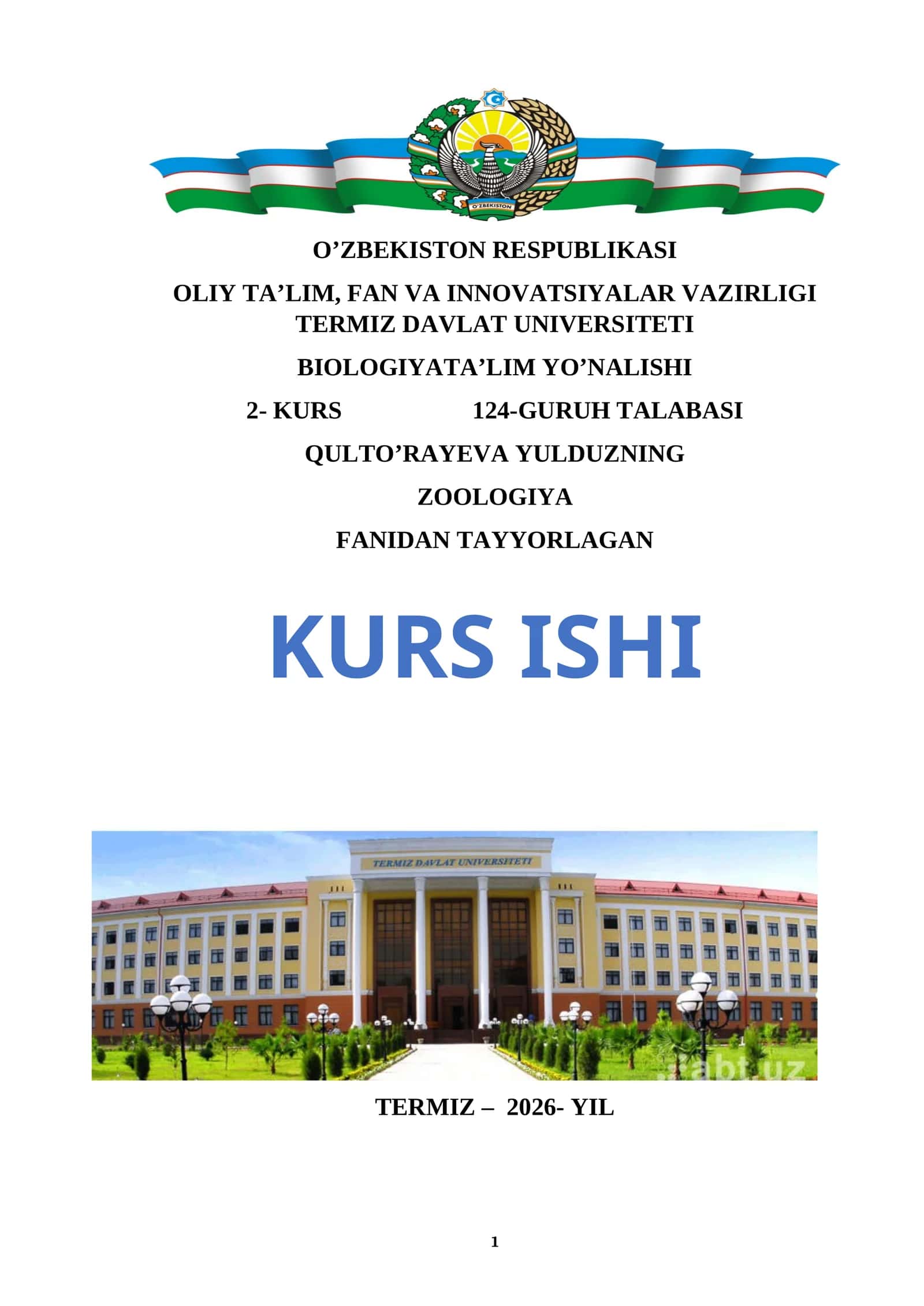 KURS ISHI: ZOOLOGIYA