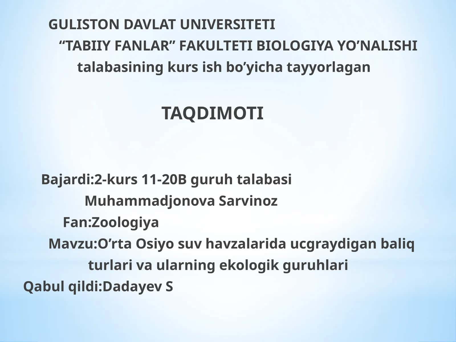 O’rta Osiyo suv havzalarida uchraydigan baliq turlari va ularning ekologik guruhlari