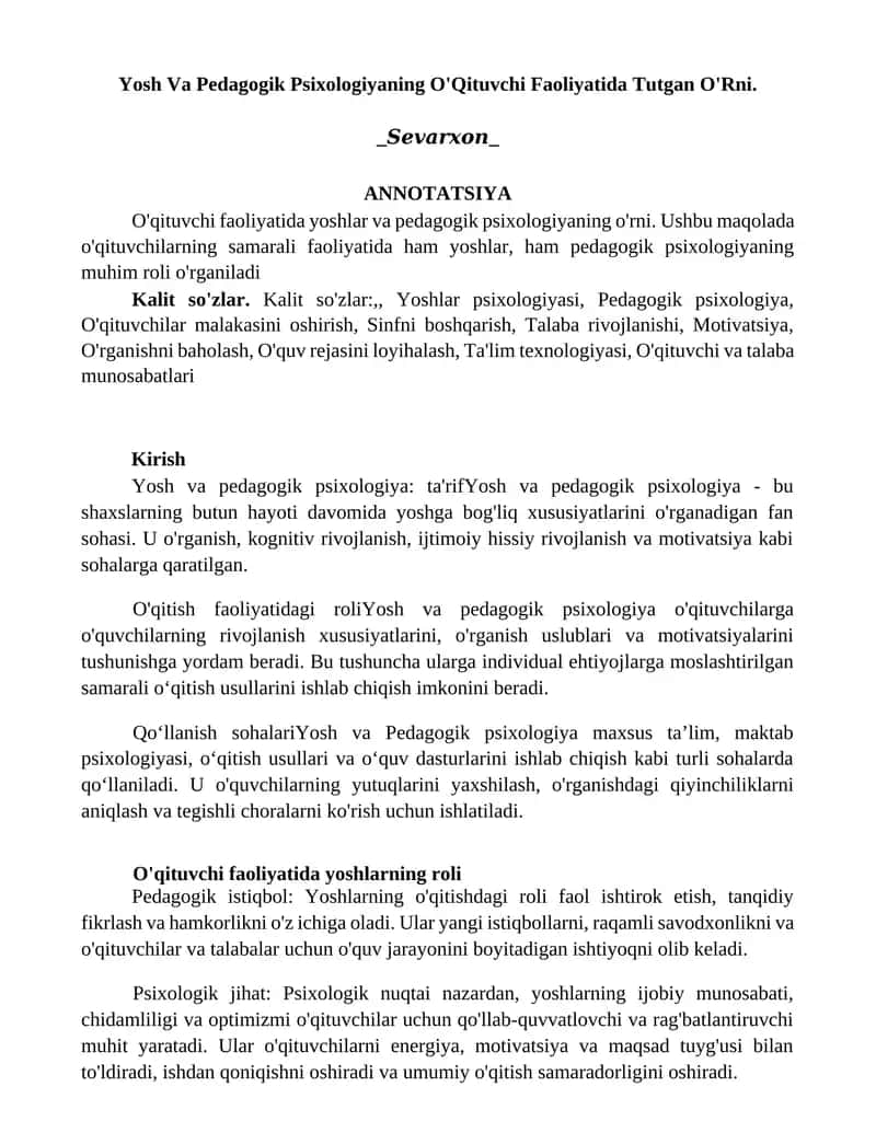 Yosh Va Pedagogik Psixologiyaning O'Qituvchi Faoliyatida Tutgan O'Rni