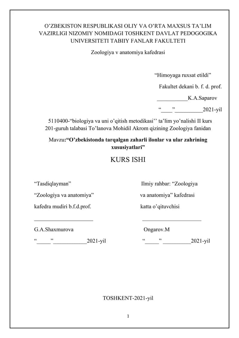 “O’zbekistonda tarqalgan zaharli ilonlar va ular zahrining xususiyatlari”