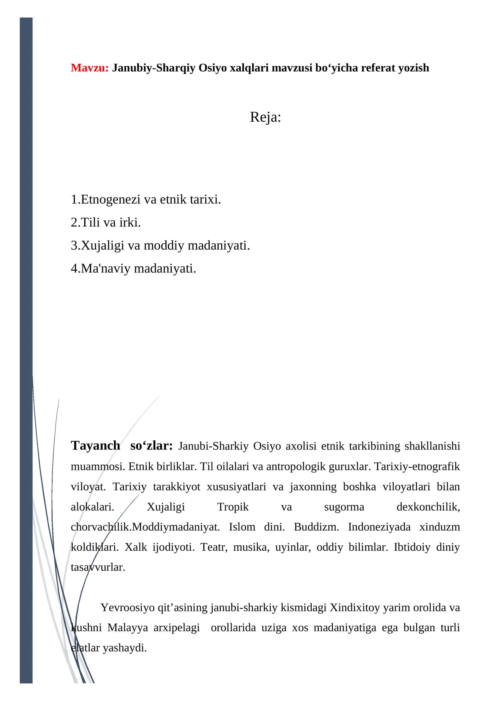 Janubiy-Sharqiy Osiyo xalqlari mavzusi bo‘yicha referat yozish