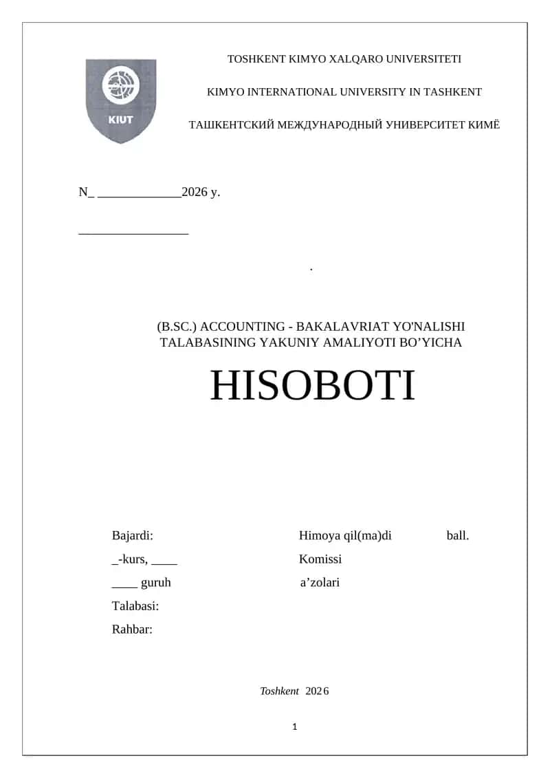 Maktab(xususiy mchj) boʻyicha Amaliyot hisoboti . (Buxgalteriya boʻlimi)