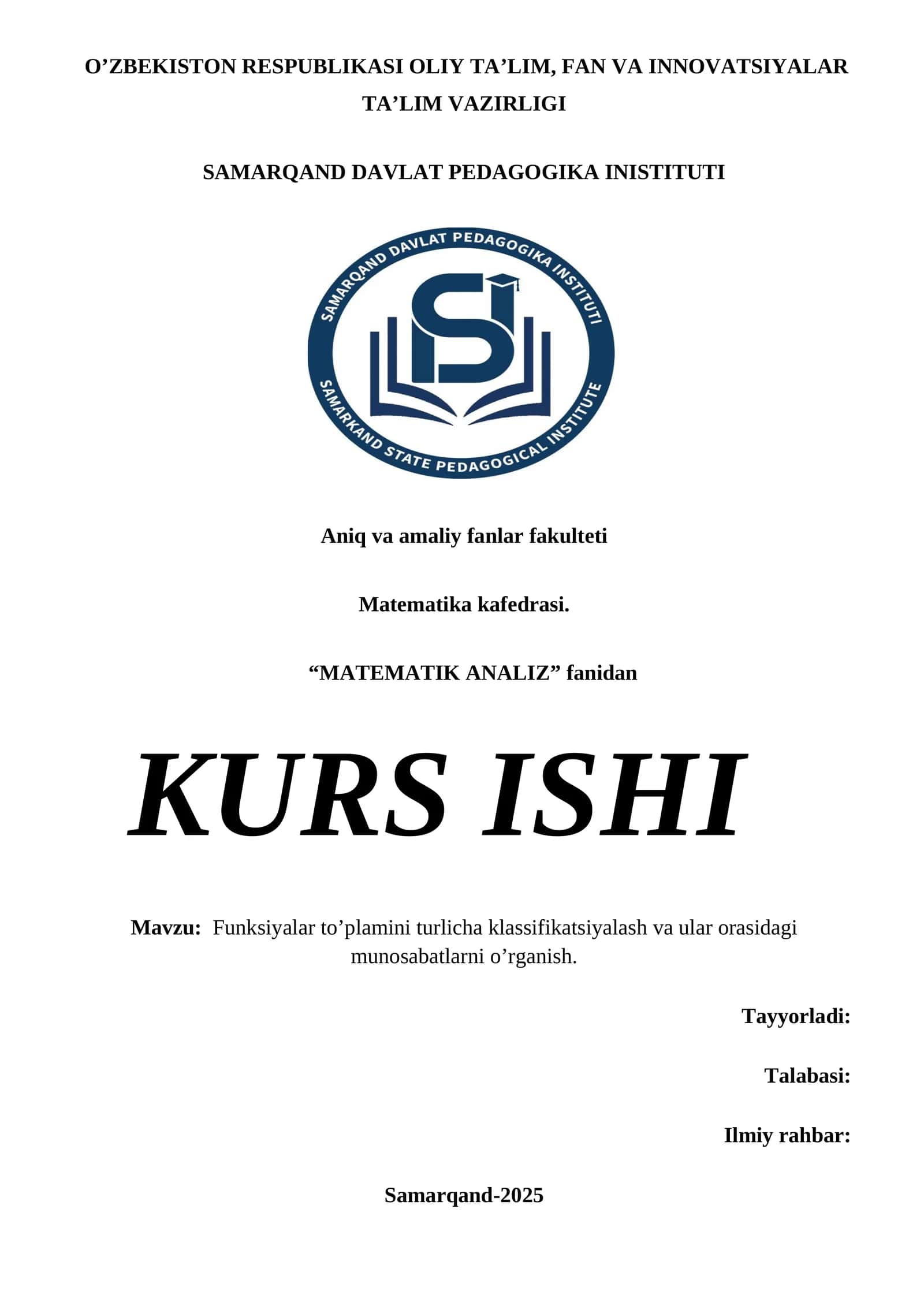 Funksiyalar to’plamini turlicha klassifikatsiyalash va ular orasidagi munosabatlarni o