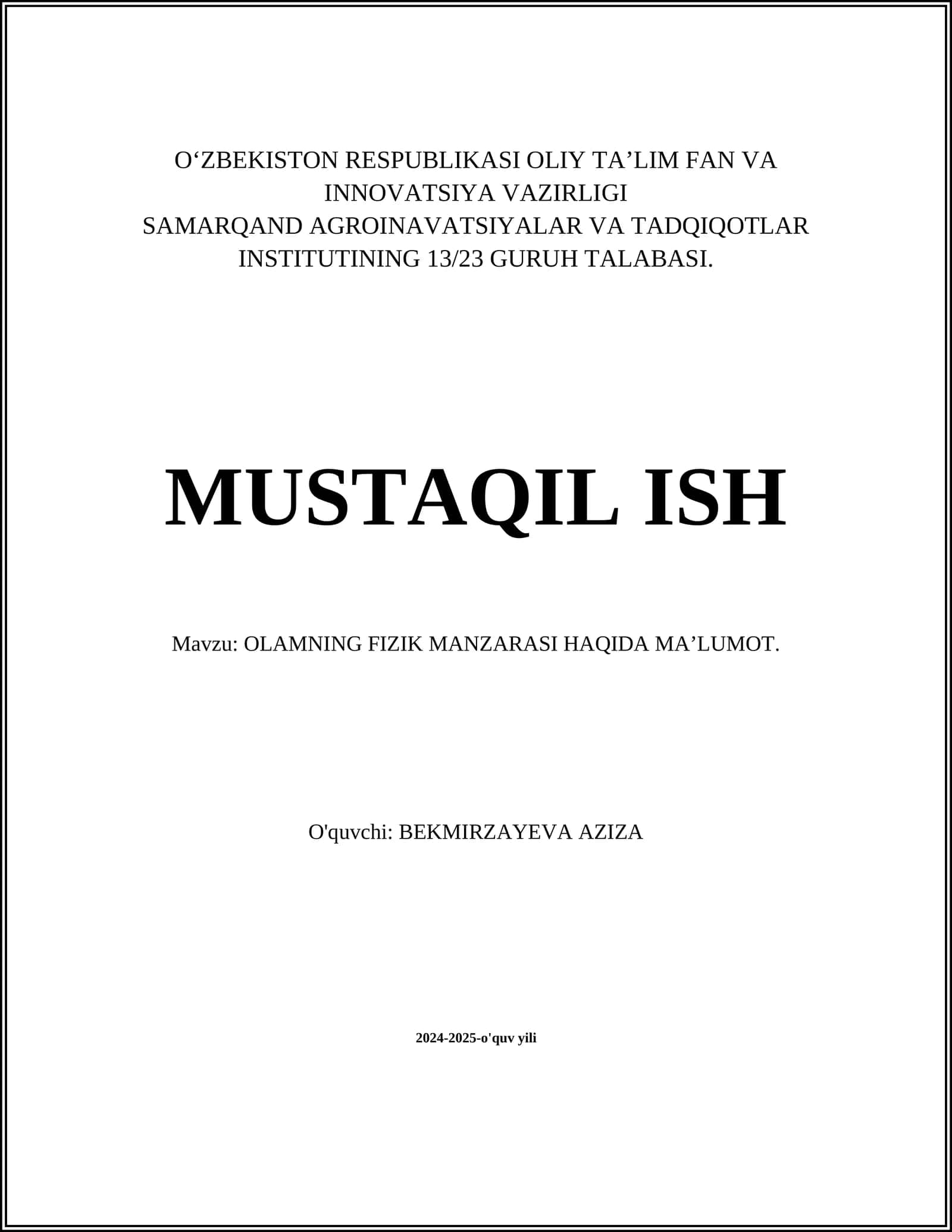 OLAMNING FIZIK MANZARASI HAQIDA MAʼLUMOT