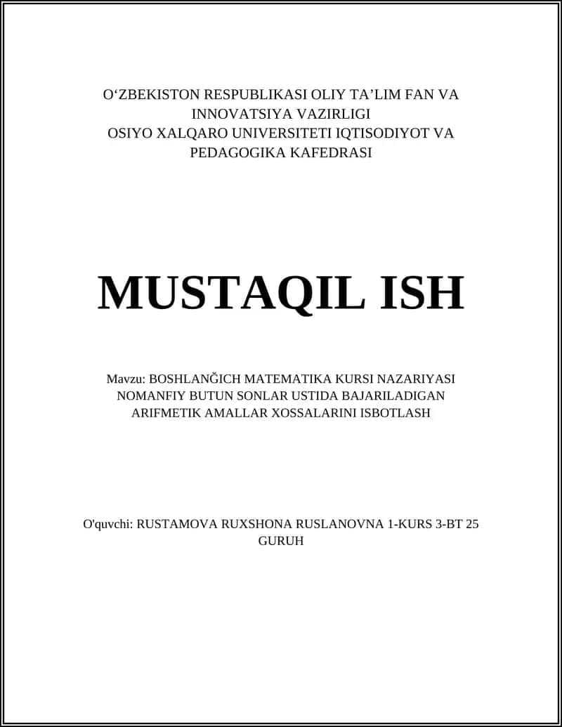 BOSHLANĞICH MATEMATIKA KURSI NAZARIYASI