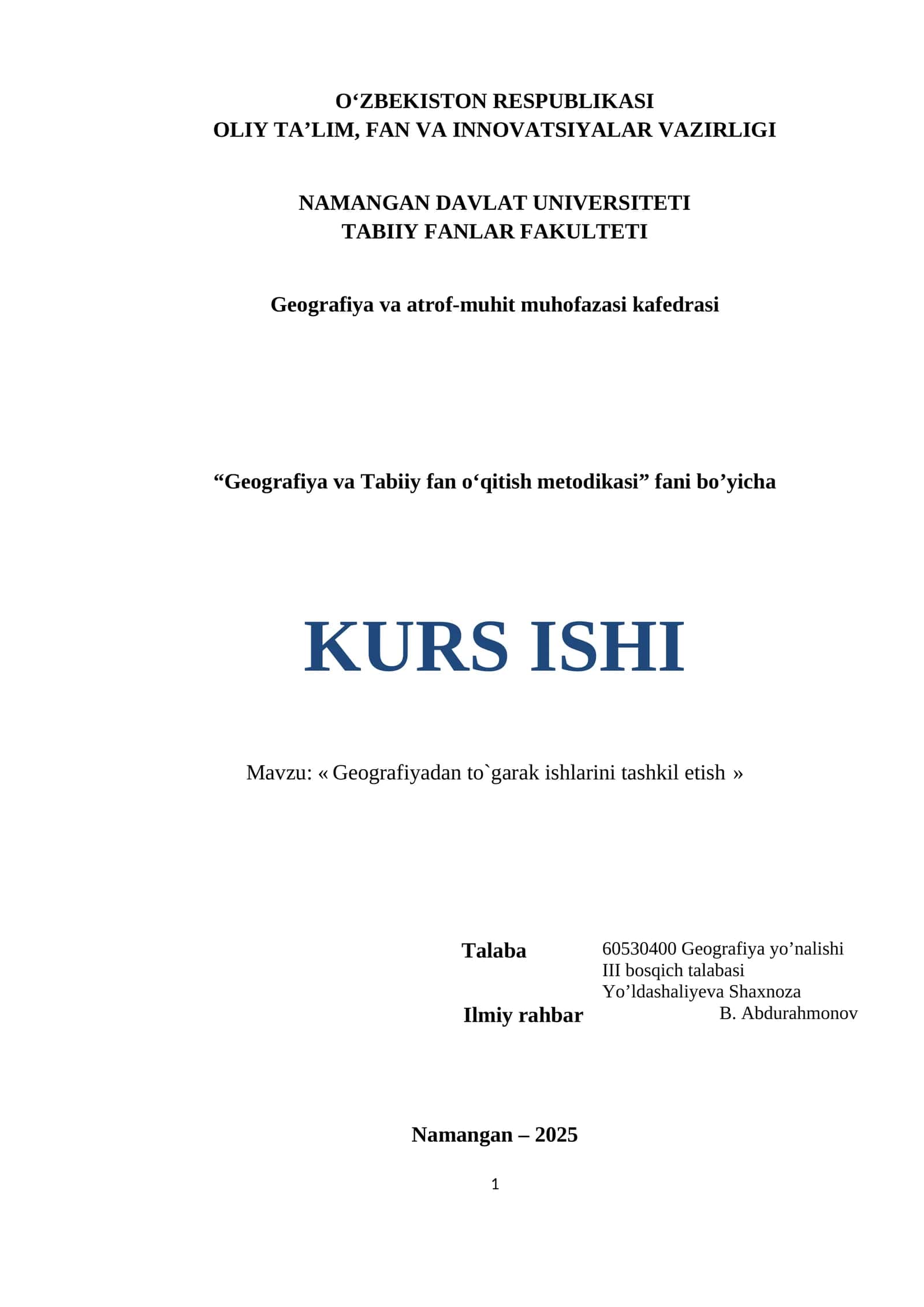 Geografiya va Tabiiy fan o‘qitish metodikasi