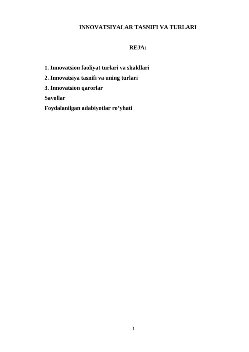 INNOVATSIYALAR TASNIFI VA TURLARI